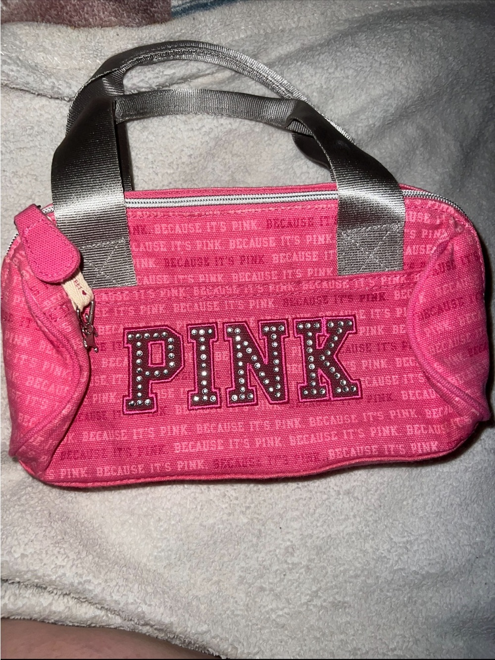 PINK Victoria's Secret Hot Pink Cosmetic Bag with Silver Handles